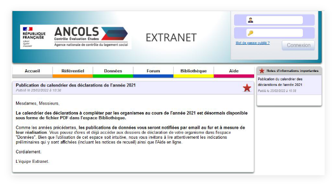 Capture d'écran de l'extranet enquête